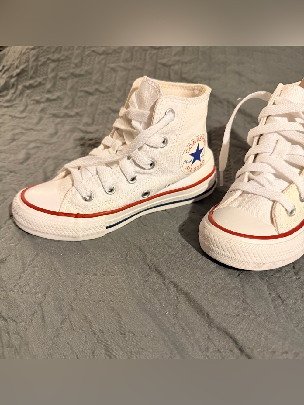 Converse Kids White High Top Sneakers with Red & Blue Trim 11c